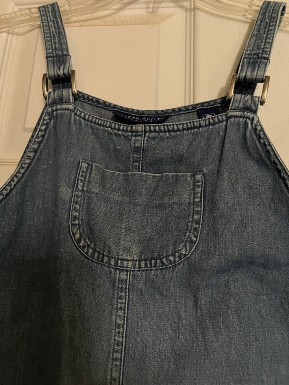 Karen Scott Petite Denim Overall Dress in Medium Wash Blue- 100% cotton